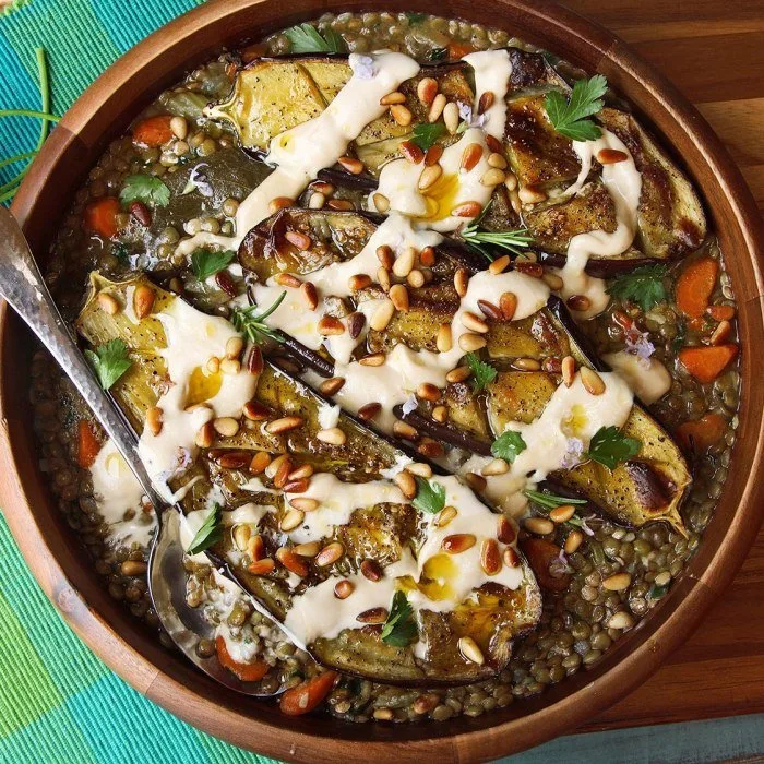 Roasted Eggplant with Tahini, Pine Nuts and Lentils