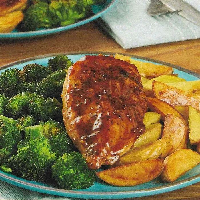 Chicken with Honey-Balsamic Glaze, Crispy Broccoli and Potatoes