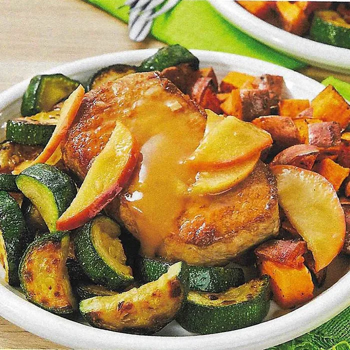 Pork Chops with Apples, Roasted Sweet Potato and Zucchini