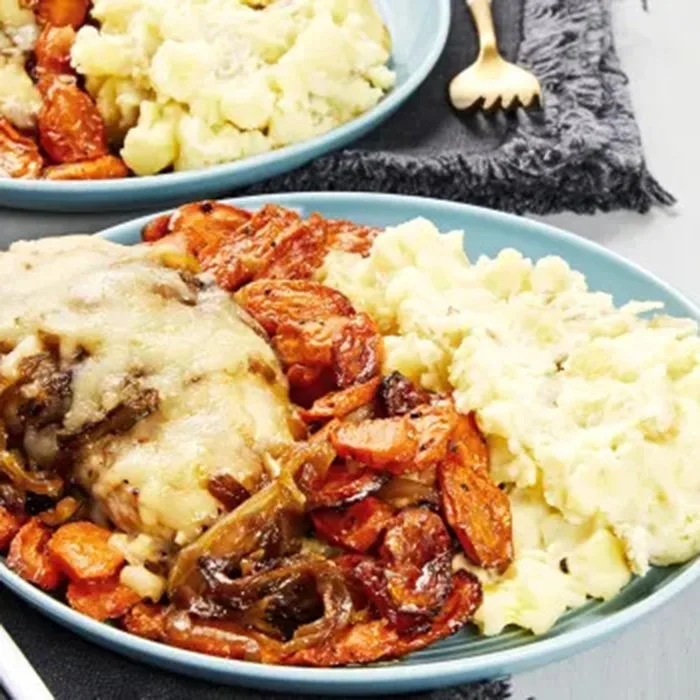 French-Style Chicken with Caramelized Onions, Roasted Carrots, and Mashed Potatoes