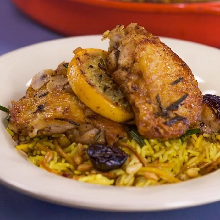 Saffron Chicken with Raisins and Pine Nuts